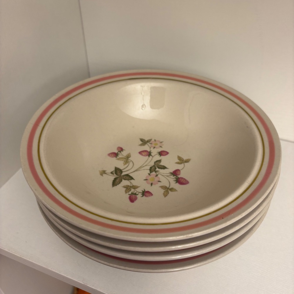 Newcor Stoneware Wild Strawberry Soup Cereal Bowls Set of 4 Pink Green Banded